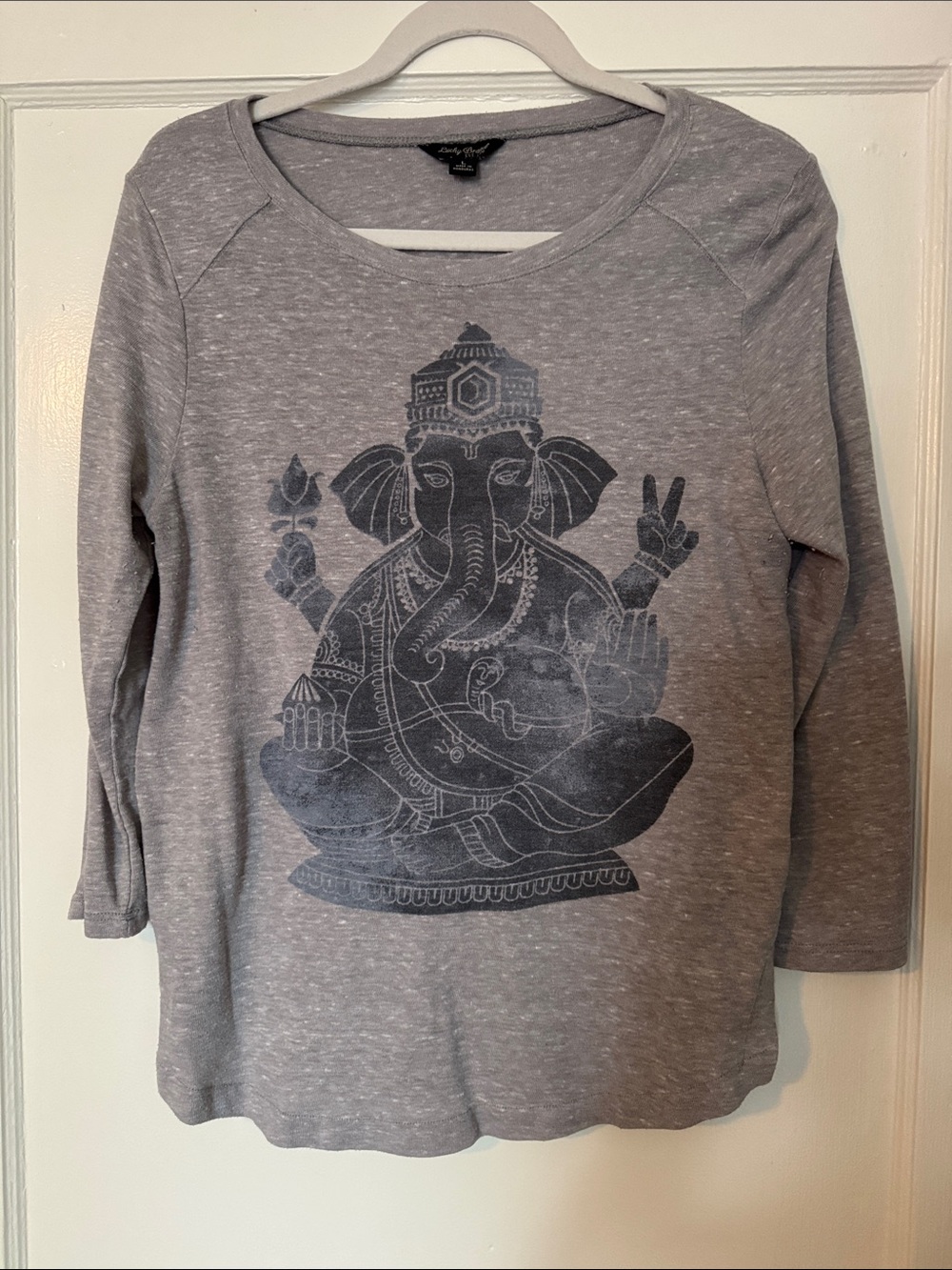 Lucky Brand Heather Gray Long-Sleeve Top with Navy Ganesha Graphic